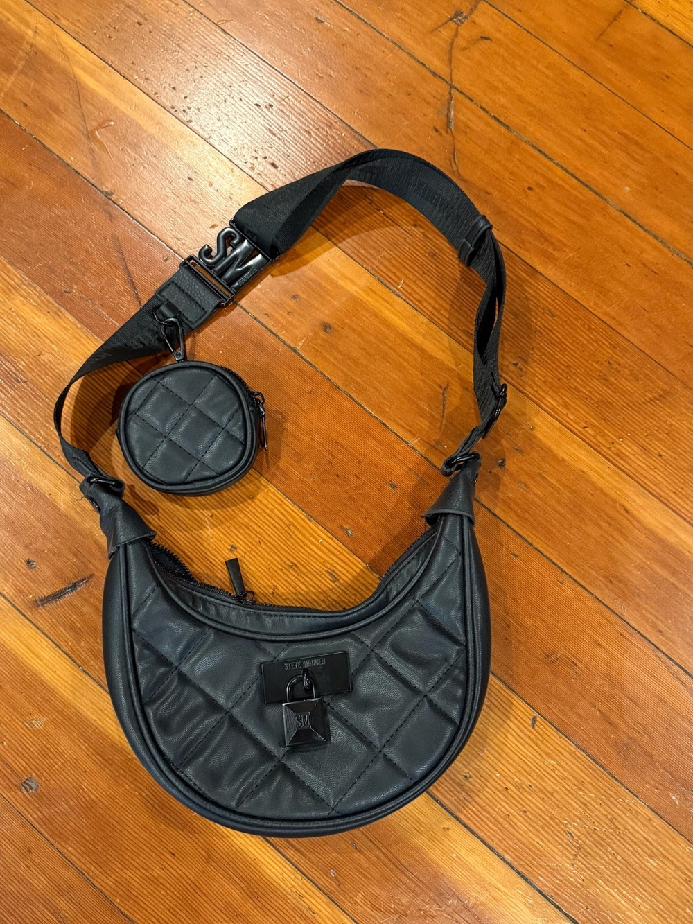 Steve Madden Black Quilted Crescent Shoulder Bag with Round Coin Pouch
